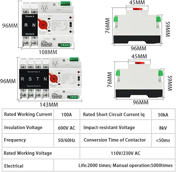 Dual Power Automatic Transfer Switch Single Phase Din Rail ATS PV 2P 4P 100A AC 110V 220V Dual Power Automatic Transfer Electrical Selector Switches Uninterrupted(City Grid-Generator2P AC 110V)