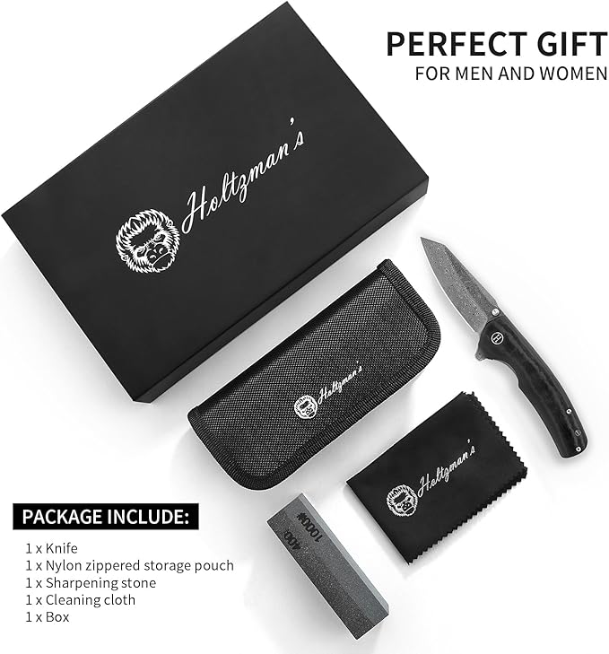 Clip Point Folding Knife with G10 Tactical Handle Damascus Steel Blade Gift Box Set - Ideal for Everyday Carry - Holtzman's Gorilla Survival