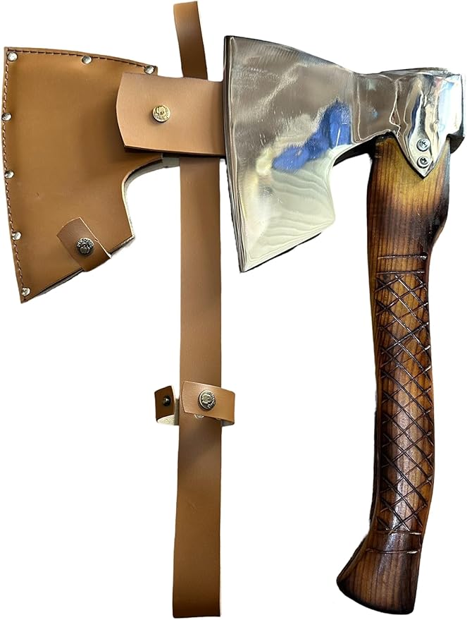 Handmade Uzbek National Axe with Leather Sheath and Wooden Handle