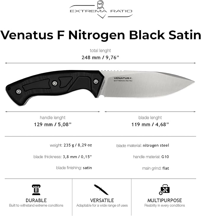 Extrema Ratio - Venatus F (Nitrogen Black Satin) Fixed Blade Knife Nitrogen Steel Blade Satin Finish Full Tang Construction Ergonomic Handle Premium Leather Ambidextrous Sheath