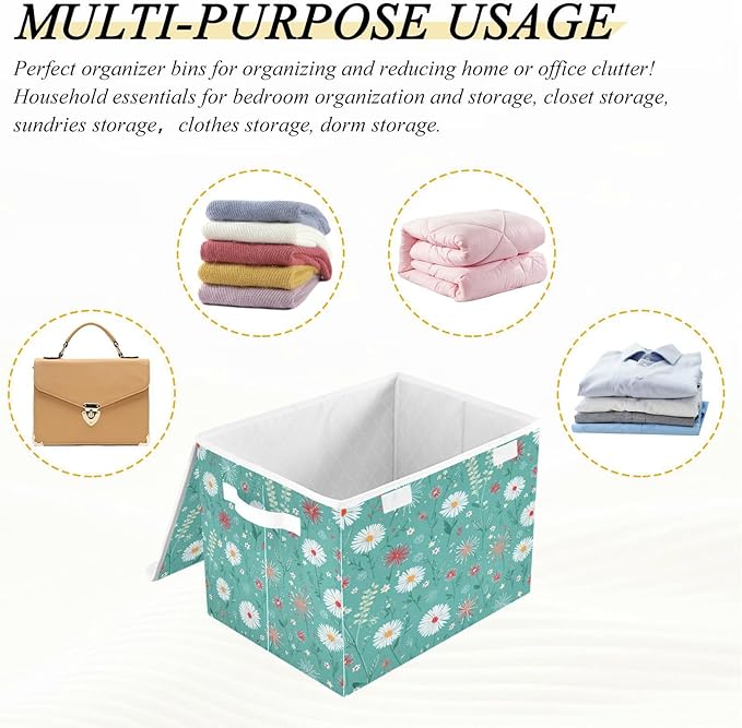 Storage Bins With Lid Stackable Fabric Closet Organizer Clothing Storage Large Boxes For Closet Shelves Bedroom Turquoise Daisy Flower Herb