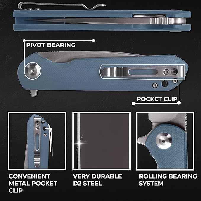 Firebird GANZO FH41S-GY Pocket Folding Knife D2 Steel Blade G10 Anti-Slip Handle with Clip Fishing Hunting Camping Outdoor Flipper EDC Pocket Knife Best Gift for Men and Women (Grey)