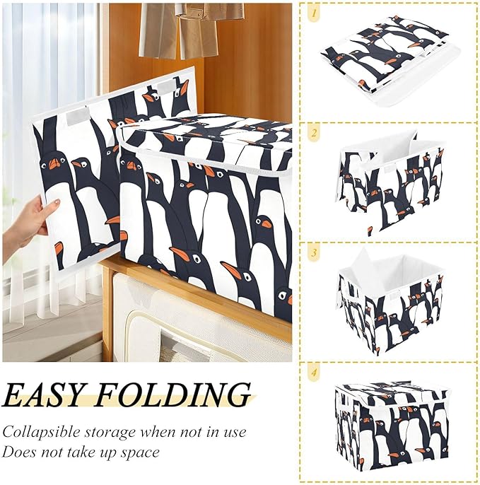 Collapsible Storage Bins with Lids Decorative Fabric Storage Cubes Closet Organizer and Storage Basket Boxes Containers for Clothes Box Chest Nursery Folding Rectangle Black White Penguin