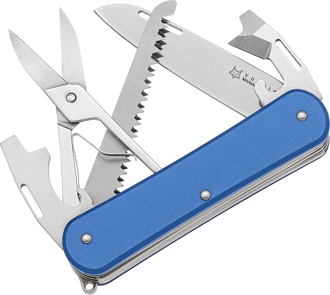 Fox Knives Vulpis FX-VP130-SF5 Slipjoint EDC Pocket Knife 5-in-1 Multitool - 2.17in Blade Hacksaw Bottle Opener Can Opener Scissors Flat Head Screwdriver - Every Day Carry (Sky Blue)
