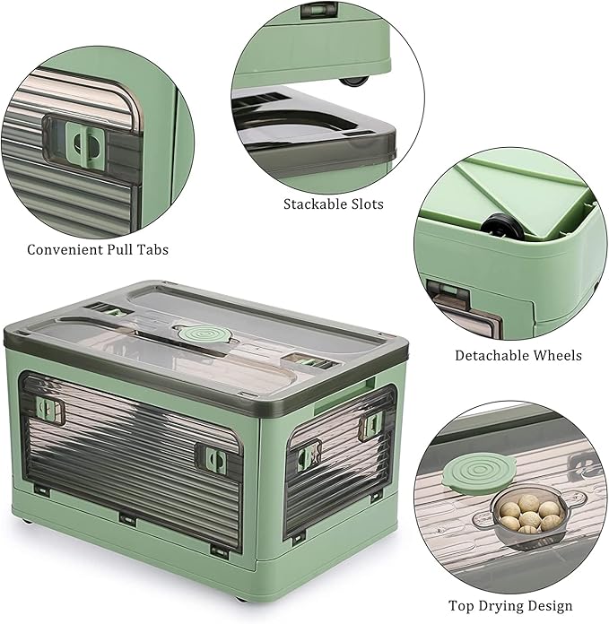 Folding Storage Bins 36 Liters 2 Pcs Green Plastic Storage Containers with Wheels Four Doors Foldable Stackable Plastic Box with Lids for Organization Storage Cart