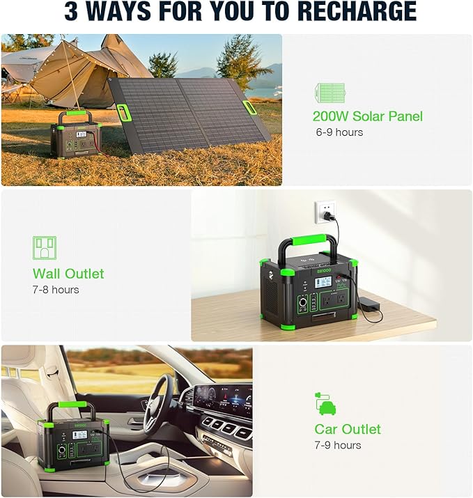 Portable Power Station 1000W 999Wh Solar Generator 110V Pure Sine Wave AC Outlets 60W USB-C PD Fast Charging 10 Ports for Outdoor Camping RV Van Home Backup Emergency Off-Grid Living（2000W Peak）