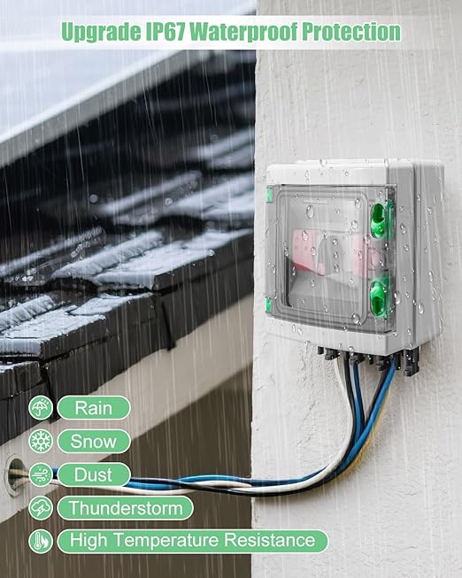 32 Amp 2 Strings Solar Disconnect Switch with DC1000V Lightning Surge Protector Arrester and IP65 Waterproof 2 in 2 Out Solar PV Combiner Breaker Box for Outdoor Solar Panel System