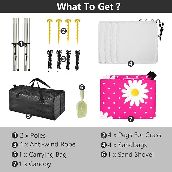 Beach Canopy with Windproof Ropes &amp Sandbags Beach Tent Sun Shade Sun Shelter for Camping Trips Fishing Backyard Fun or Picnics Daisy