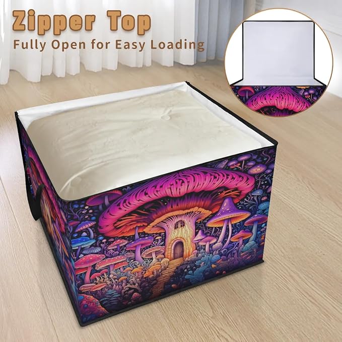 Large Retro Mushroom Storage Bags with Lid XL Blanket Clothes Storage Bins Foldable Organizers Storage Containers with Handle for Comforters Bed Sheets Pillows Fairy Forest Flowers Plants