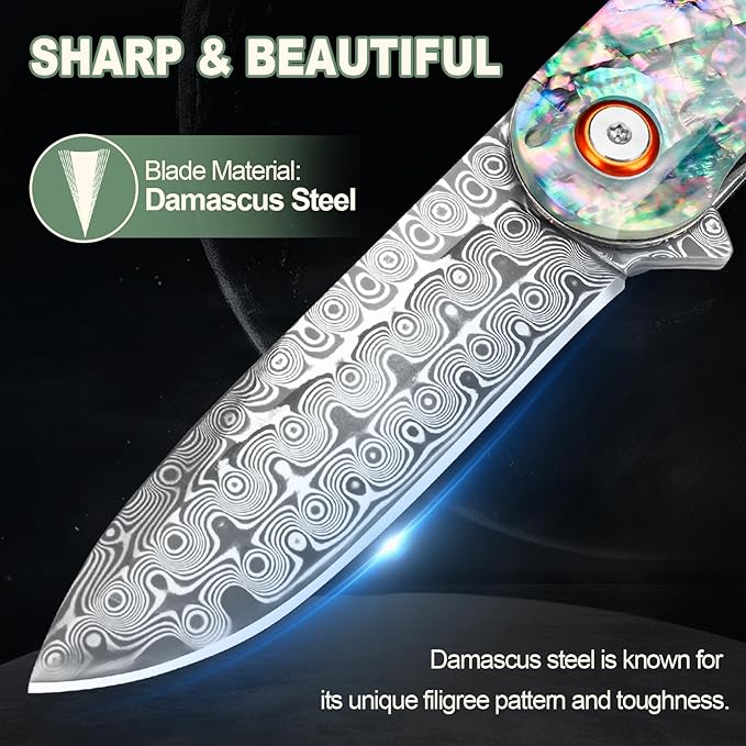 Zingbee Damascus Pocket Knife with Sheath 2.95 Damascus Steel Blade Folding Knife with Abalone Shell Handle EDC Pocket Knives for Men Women Outdoor Indoor Camping