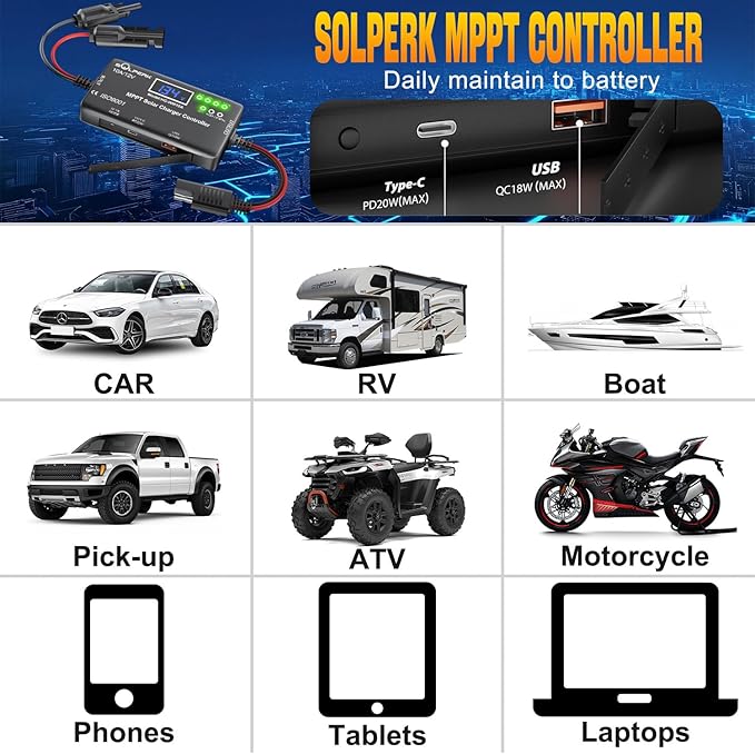 SOLPERK MPPT 10A 12V Solar Charge Controller with LCD Display Solar Panel Charge Controller with Type-C and USB Output for Solar Panel Regulator Gel AGM Lead-Acid Lithium LiFePO4 Battery