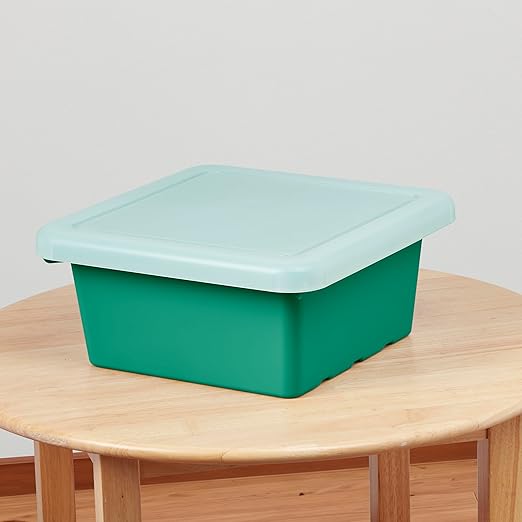 ECR4Kids Stackable Square Bins with Non-Snap Lids Multipurpose Organization Emerald 2-Pack