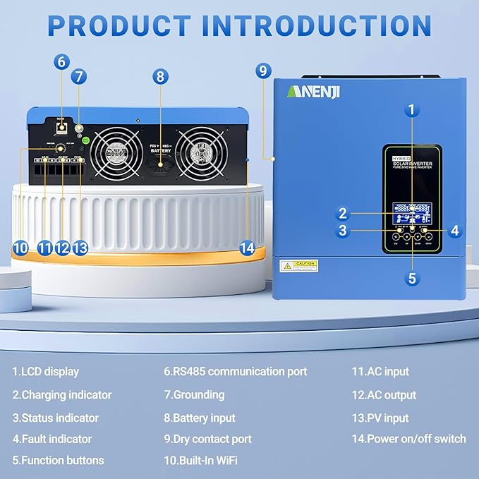 3000W Hybrid Inverter 24Vdc to 110Vac Solar Inverter Charger Built-in 80A MPPT Controller Pure Sine Wave PV Power Converter Supports Battery-Less or AGM Lithium Battery