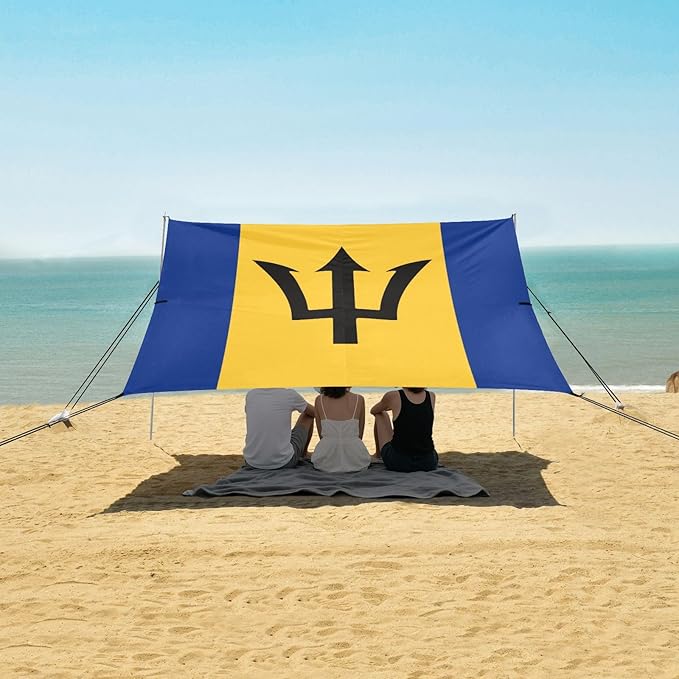 Flag Barbados Foldable Beach Tent UPF50 Water-Resistant Portable Sun Shelter with Sand Shovel for Backyard and Camping