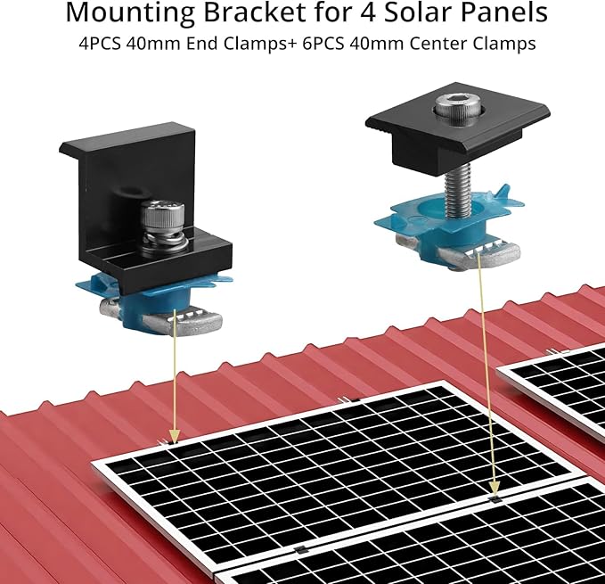 Anbte 10 PCS Solar Panel Mounting Brackets for Unistrut Aluminium 35mm 6 x T-Shaped Mid Clamps + 4 x End Clamps Solar Panel Mounting Kit for Metal Tin Flat Sheet Roofs RV Black