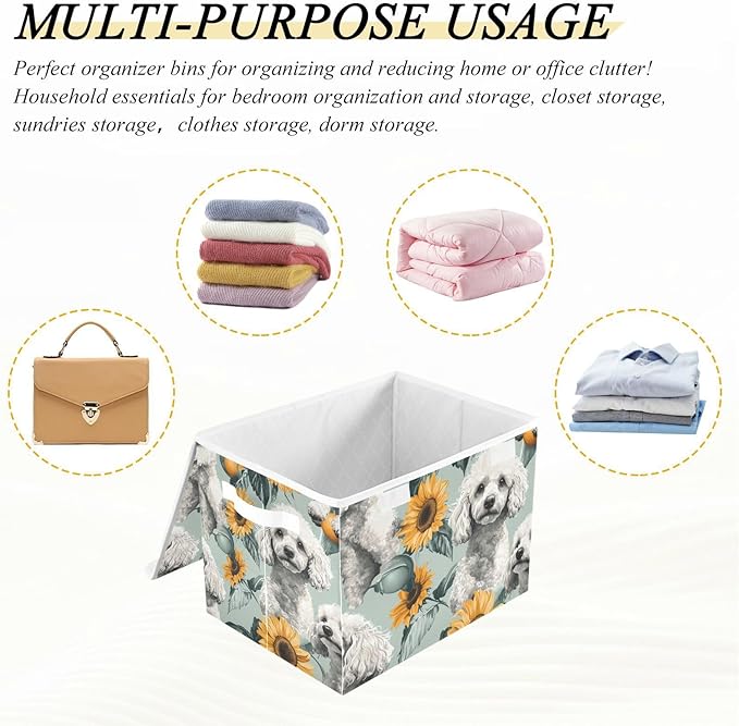 Collapsible Storage Bins with Lids Decorative Fabric Storage Cubes Closet Organizer and Storage Basket Boxes Containers for Clothes Box Chest Nursery Folding Rectangle White Poodle Sunflower