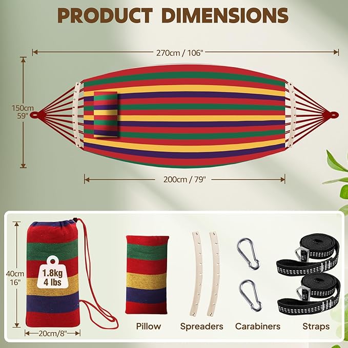 Chihee Cotton Hammock Holds Up to 660lbs Fabric Hammock 8.9x4.9ft Soft Portable Tree Hammocks Camping with Detachable Spreader Bar Pillow 2 Strong Webbings 2 Carabiners Indoor Outdoor Backyard Garden