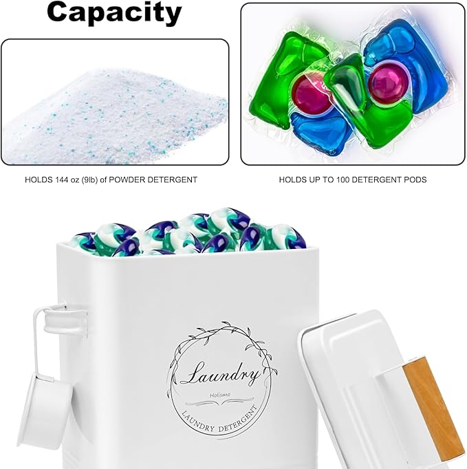 Laundry Detergent Container for Laundry Room Organization and Storage Modern Farmhouse Metal Laundry Decor Scent Boosters Beads Dispenser With Lid and Hand Scoop Pods Holder Bin White