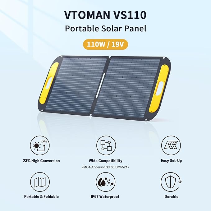 VTOMAN Portable Solar Panel for Solar Generator 110W 19V Folding Solar Charger with 23% Efficiency IP67 Waterproof and Adjustable Kickstands Design for Camping RV Outdoor Adventures (VS110)