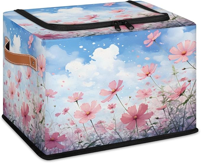 KOBLEN Poppies Seamless Pattern Storage Basket Collapsible Rectangular Storage Bins with Zipper Lid Handle Closet Shelf Cloth Organizer Basket for Nursery Bedroom Clothes Toy 2 Pack