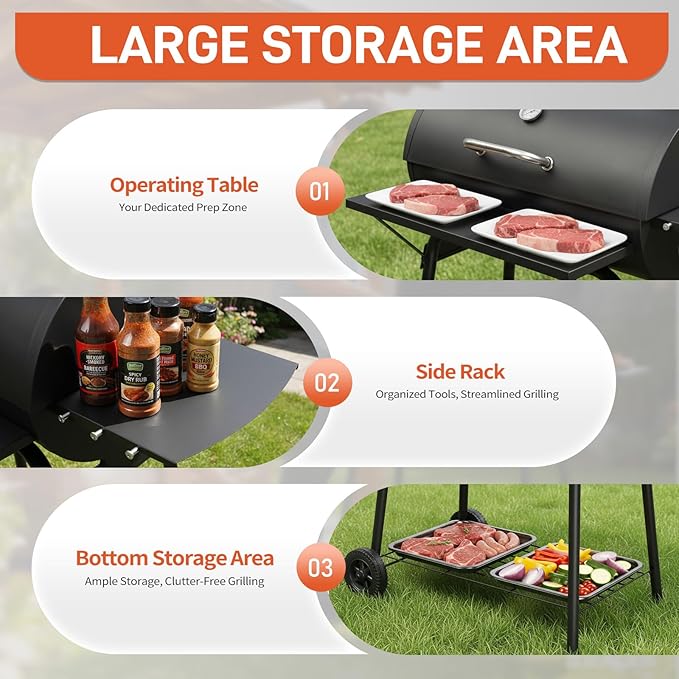 Outvita Barrel Charcoal Grill with Warming Rack Outdoor BBQ Grill with Side Front Table with Nearly 564 Sq.In. Cooking Grid Area for Backyard Patio Picnic Parties Camping Black