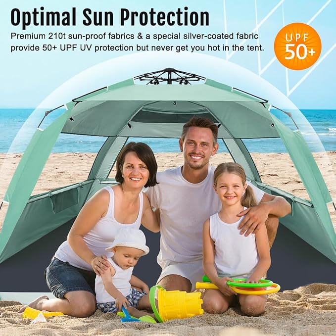 WhiteFang Deluxe Pop Up Beach Tent Sun Shade Shelter for 3-4/5-6 Person UV Protection Extendable Floor with 3 Ventilating Windows Plus Carrying Bag Stakes and Guy Lines