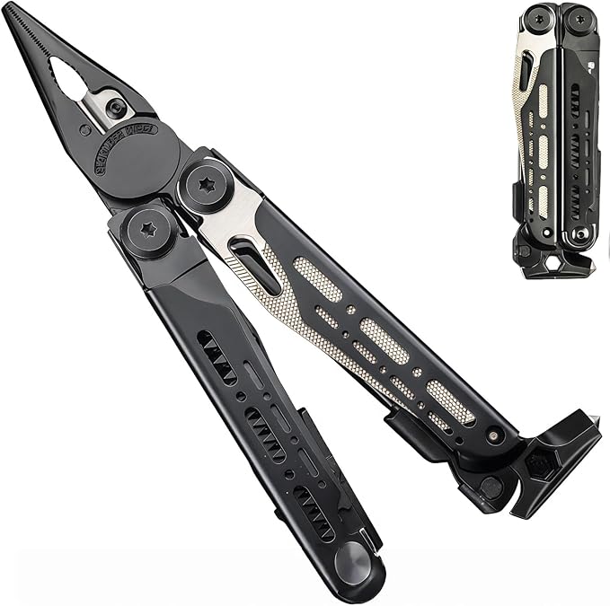 Multitool 15-in-1 Full-Size Lightweight EDC Multi-Purpose Pliers With Safety Locking Nylon Bag Tactical Gear Camping Knives &amp Tools 7CR17 BladeFlint striker Gift Ideas for Men (Black)