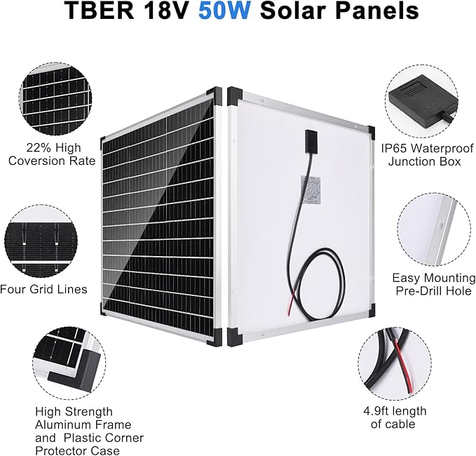 TBER 50W/12V Solar Panel Kit with 10A Charge Controller Monocrystalline Solar Battery Trickle Charger Maintainer for Automotive Motorcycle Boat Marine RV Camping RV Farm Other Off-Grid Applications