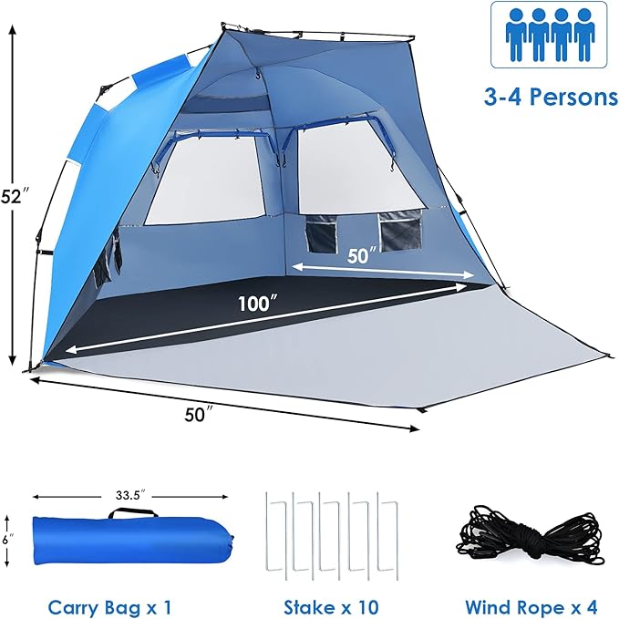 Tangkula 3-4 Person Easy Pop Up Beach Tent UPF 50+ Portable Sun Shelter w/ 3 Ventilation Windows Zippered Front Porch 4 Storage Pockets &amp Carrying Bag Instant Beach Sun Shade with 8.5mm Rod