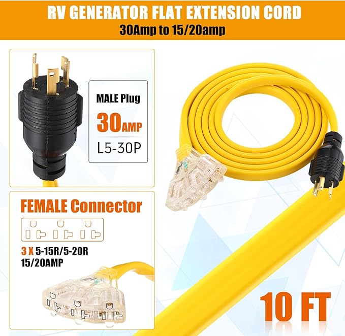 Tellegloww 10 ft NEMA L5-30P to 3X 5-20R/5-15R RV Generator Flat Extension Cord 30A 3Prong Lock Generator to 110V 15/20A Outlet Distribution Adapter 10 Gauge ETL Listed Yellow