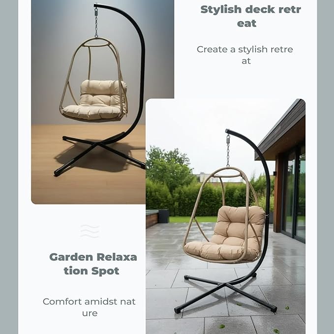 JESE Swing Egg Chair with Stand – UV Resistant Waterproof Cushion &amp Cup Holder Included Indoor/Outdoor Hanging Hammock Chair for Patio Bedroom Balcony Garden (Khaki)