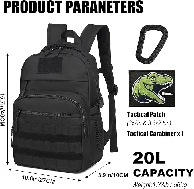 Kids Tactical Backpack Army Molle Bookbag Military Boys Backpack for School Outdoor Camping Black+Black