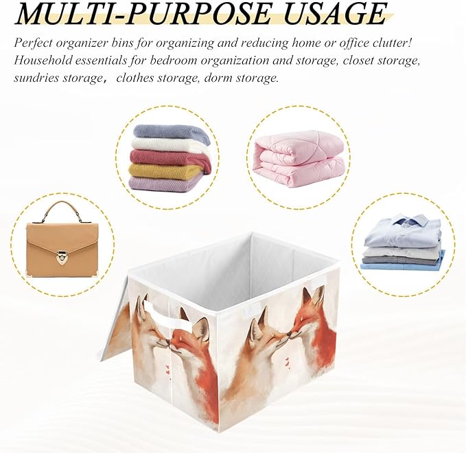 AIXIWAWA Lidded Storage Cube (Love Foxes) Fabric Foldable Closet Bins with Flip Lid and Handles Organizer Basket Container 16.5 x 12.6 x 11.8 IN