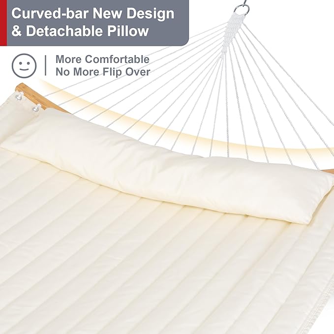 Outdoor Hammock with Stand Included Two Person Hammock with Curved Spreader Bar Pillow and Portable Bag 450 Lbs Capacity Beige