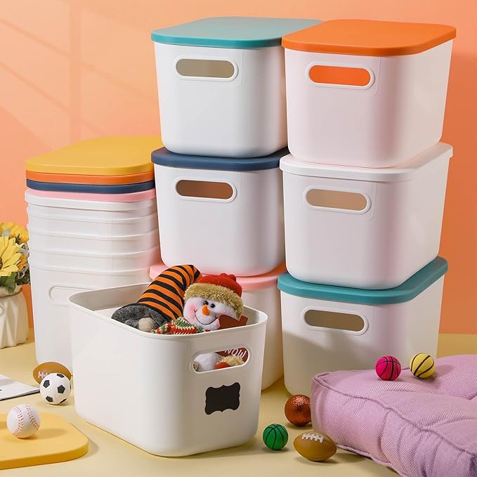 Thyle 12 Pack 7 Quarts Plastic Storage Bins Stackable Baskets with Lid and Handle with Label Colorful Desktop Box Toy Containers for Classroom Shelf Bedroom 10 x 7 x 6 Inch (White)