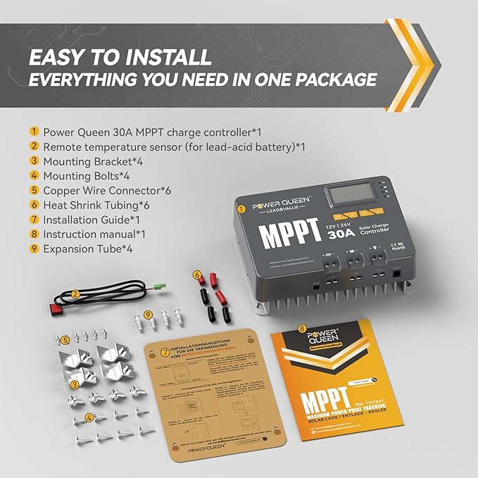 Power Queen 12/24V 30 Amp MPPT Solar Charge Controller with Built-in Bluetooth Support Remote Monitoring Default for LiFePO4 Batteries and Compatible with Sealed Flooded Gel and Lead-Acid Battery