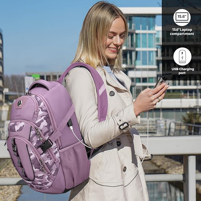 Swissdigital Design Laptop Backpack with USB Charging Port Travel Backpack Fits 15.6 inches Computer 31L College School Backpack for Men Pink Camo | SD803-93