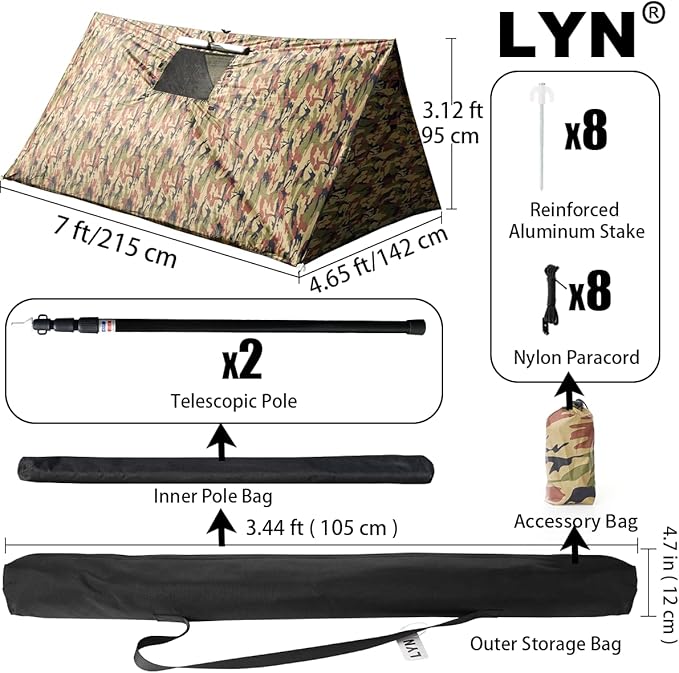 LYN Extra Large Zipper Reusable Survival Emergency Shelter TentThermal Waterproof Fireproof Lightweight Bugout with Paracord✚Stake for CampingFirst AidHiking&ampBushcraft