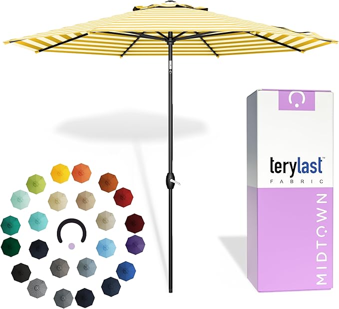 Midtown Umbrellas - 10-Year-No-Fade 10 Ft Patio Umbrella with Terylast Fabric Auto-Tilt Aluminum Frame and 8 Reinforced Ribs for Deck Pool Garden &amp Beach - White/Yellow Stripes Canopy Black Po
