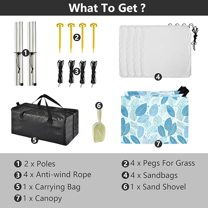 ALAZA Blue Leaves Doodle Beach Tent Sun Shelter UPF50+ Protection Beach Shade Canopy w/ 4 Sandbags for Outdoor Camping Fishing Backyard Fun Picnic 10x9 ft