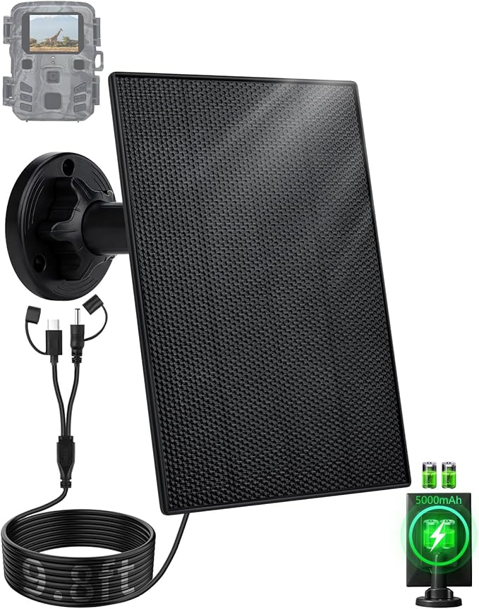 Trail Camera Solar Panel 3W Solar Panel Charger with 5000mAh Battery and 6V USB-C &amp DC Port 9.8ft Cable IP65 Waterproof Solar Panel for Trail CameraGame Cameras Accessory (6V)