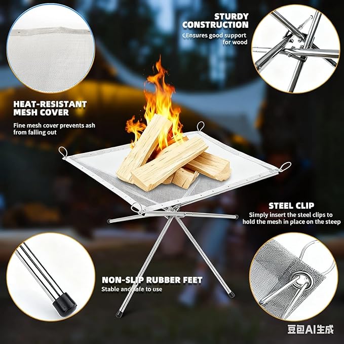 Portable Fire Pit for Camping22 inch Outdoor Folding Fireplace with Heat Resistant Firepit Mat &amp Carrying BagUpgrade 304 Stainless Steel Mesh BBQ Fire Bowl for PicnicsCampfireBackyardGarden