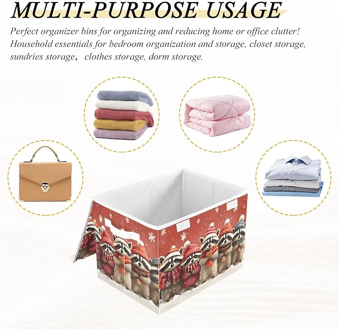 AIXIWAWA Lidded Storage Cube (Christmas Raccoon) Fabric Foldable Closet Bins with Flip Lid and Handles Organizer Basket Container 16.5 x 12.6 x 11.8 IN