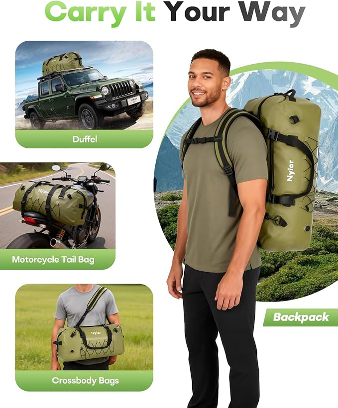 60L Waterproof Duffel Bag Motorcycle Dry Bag Backpack Heavy-Duty Roll-Top Waterproof Bag with Sealed Seams &amp Waterproof Zipper for Riding Kayaking Camping &amp Travel (Green)