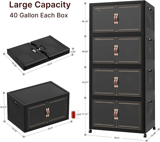 640Qt Stackable Storage Bins with Lids 4 Pack Large Collapsible Bins with Wheels Plastic Cabinet with Doors Foldable Closet Organizers and Storage for Home Dorm Office Black