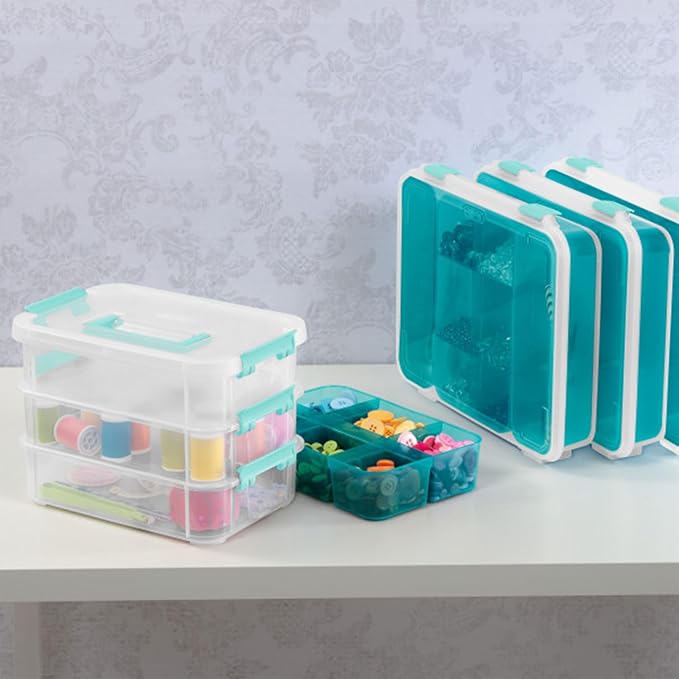 Sterilite 6 Pack Plastic Storage Box Container 3 Layer Stack and Carry Clear/Blue