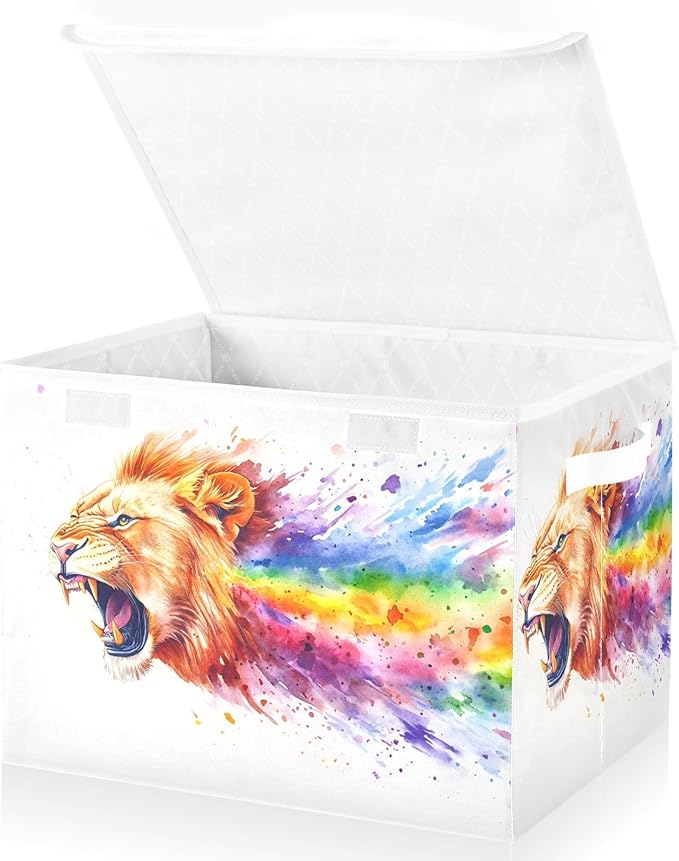 AIXIWAWA Lidded Storage Cube (Lion and Rainbow) Fabric Foldable Closet Bins with Flip Lid and Handles Organizer Basket Container 16.5 x 12.6 x 11.8 IN