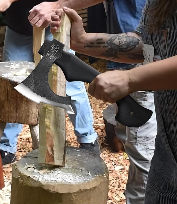JXE JXO 13 Inch Hatchet Camping Hatchet 1065 High Manganese Steel Hickory Handle Tomahawk Axe with Leather Sheath