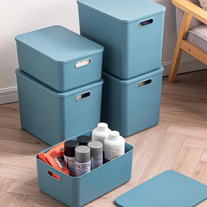 Plastic Storage Bins with lidsStorage BasketsContainer with handleStorage Organizer Bins for ShelvesOfficeBedroomsClosets Cabinets(Blue 3M)