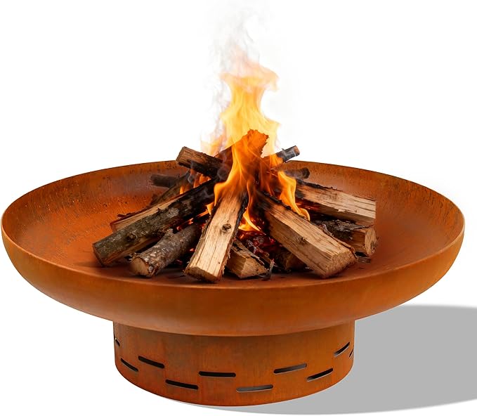KOL Fire Pit for Outside Wood Burning 27.5 Inch Round Firepit Bowl Outdoor and Patio Heavy-Duty Steel Bonfire Pit Oxidized Finish Free-Standing Camping Backyard Terrace